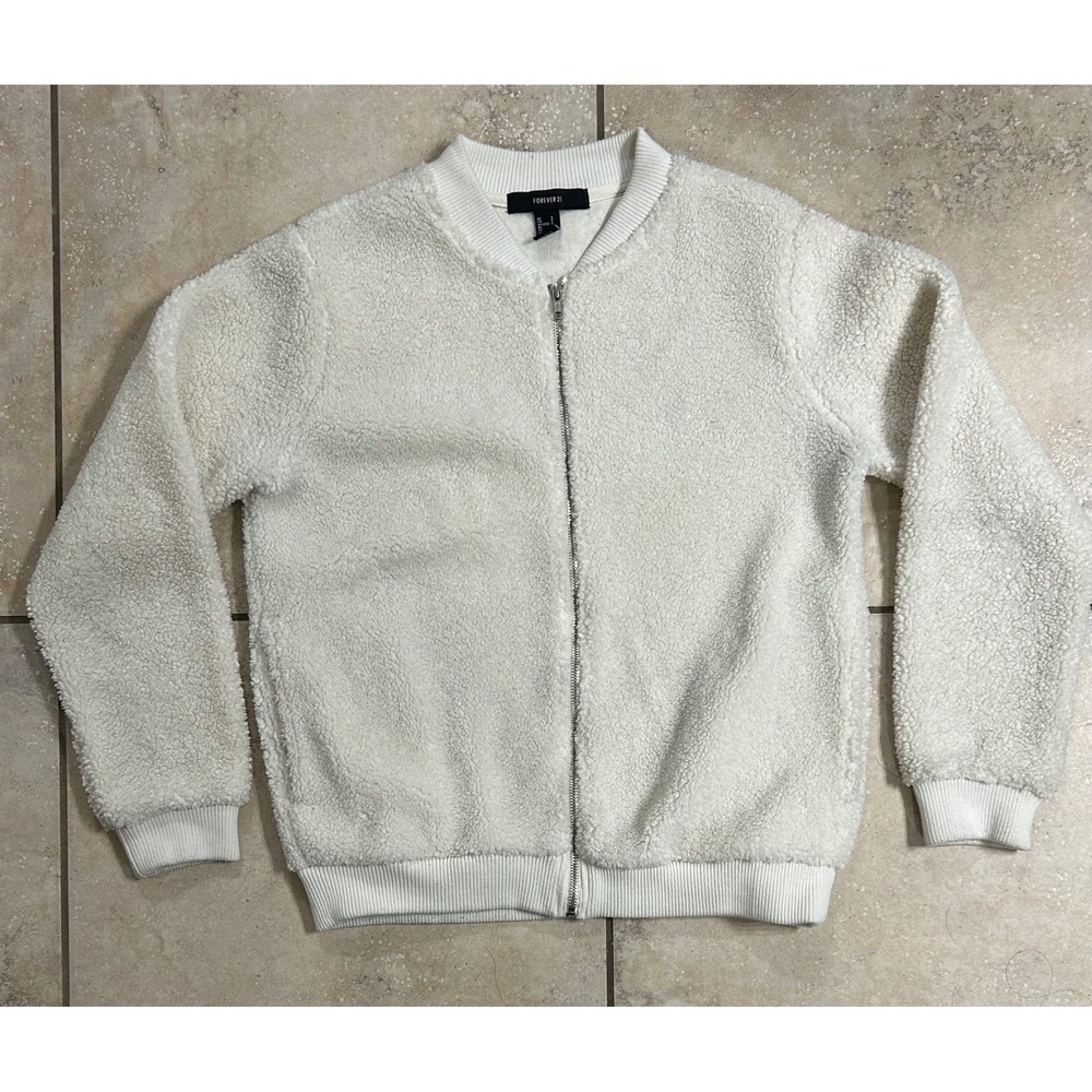 Forever 21 Cream‎ Sherpa Bomber Jacket Full Zip Small S Cozy Warm